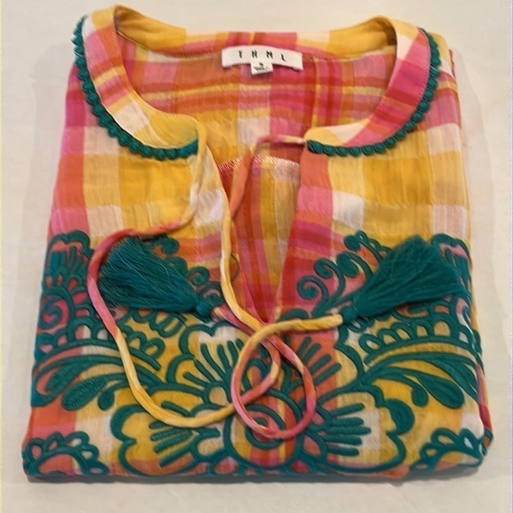 THML - Anthropologie Blouse Top Size S Teal Embroidered Top lightweight Colorful - Picture 16 of 16